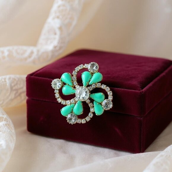 Unbranded Jewelry - Vintage gold tone clear rhinestone aqua green flower brooch pin